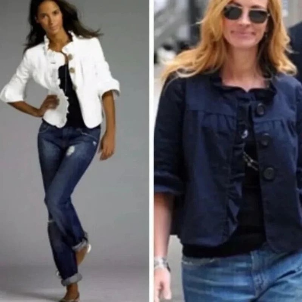 J.Crew White Fiona Refined Canvas Ruffle Trim 3/4 Sleeve Jacket, Sz 4